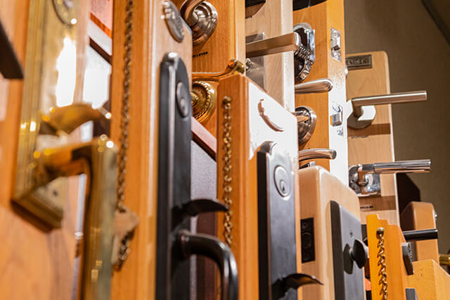 Door handles, locks and hardware on display in showroom